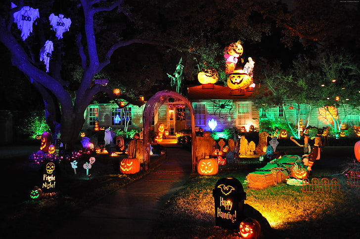 pumpkin, house, lights, cap, porch, All Saints Eve, decoration, yellow, fear, All Hallows Eve, Halloween, HD wallpaper