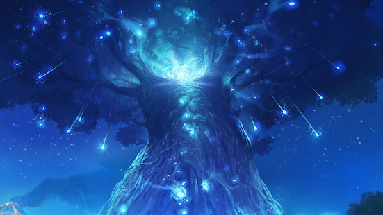 иллюстрация дерева, Ори и Слепой Лес, лес, деревья, духи, пейзаж, огни, природа, HD обои HD wallpaper