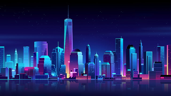 Цифровые обои высотных зданий, Нью-Йорк, Neon, Nightscape, CGI, 4K, HD обои