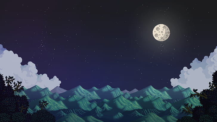 Vale de Stardew, lua, paisagem, pixel art, HD papel de parede