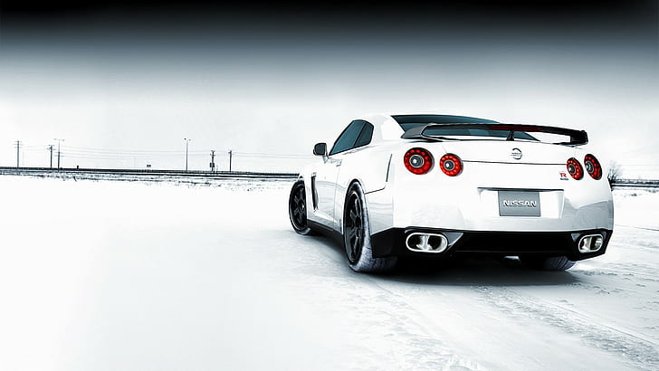 Nissan GT-R, Super Car, snow, winter, landscape, Nissan GTR, high key, car, white cars, vehicle, supercars, Nissan, HD wallpaper