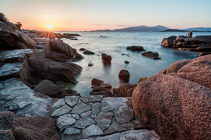roccia, mare, Corsica, natura, Sfondo HD
