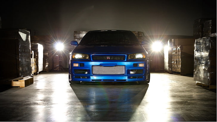 blau Nissan GTR, Maschine, Nissan, Skyline, GT-R, R34, das schnelle und das wütende 4, schnell und wütend, blaues Auto, HD-Hintergrundbild