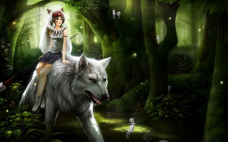 anime, Studio Ghibli, princesa Mononoke, anime meninas, floresta, lobo, morena, cabelo curto, HD papel de parede