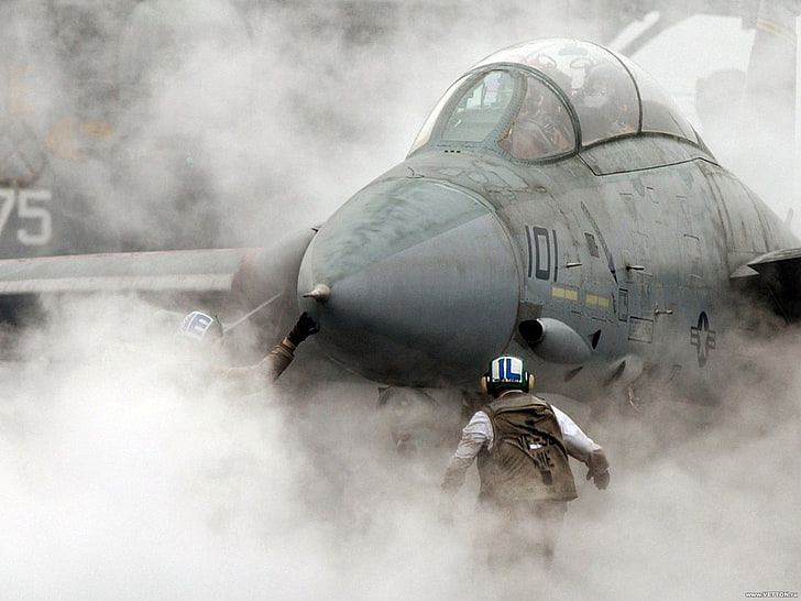 aereo da caccia grigio, aereo, fumo, aereo militare, Tomcat F-14, Sfondo HD