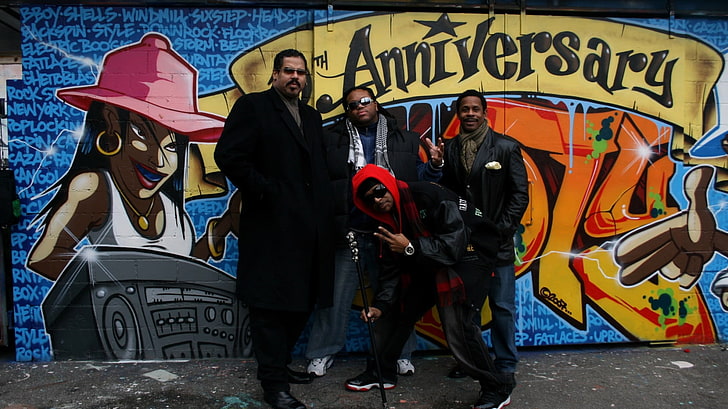 men's black suit, the sugarhill gang, band, members, wall, graffiti, HD wallpaper