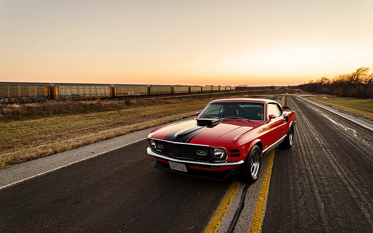 red and black coupe, ford, mustang, 1970, red, side view, HD wallpaper