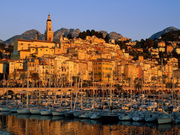 France, menton, town, harbor, boat, cityscape, HD wallpaper