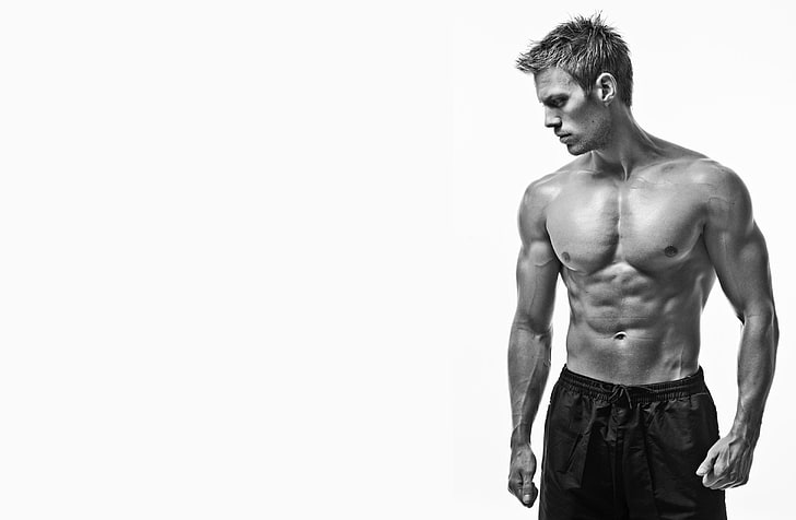 men's black bottoms, skinny, men, muscles, monochrome, simple background, HD wallpaper