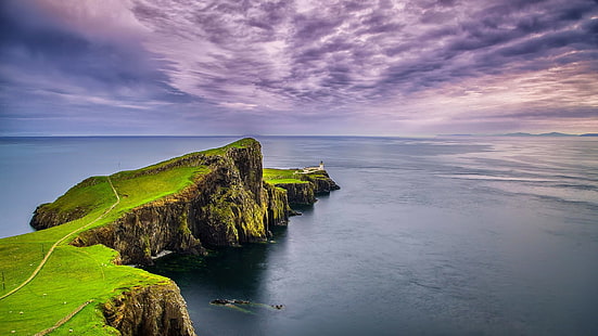 ocean water, landscape, nature, cliff, sea, sky, Scotland, Neist Point, lighthouse, HD wallpaper HD wallpaper
