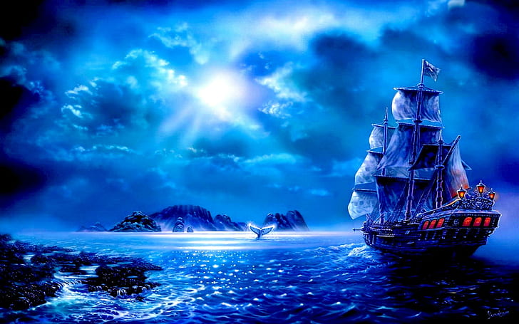 Fantasy Sailing, brown galleon ship on sea poster, night, lights, fantasy, mountains, sailing, moon shine, sail, whale, 3d and abstract, HD wallpaper