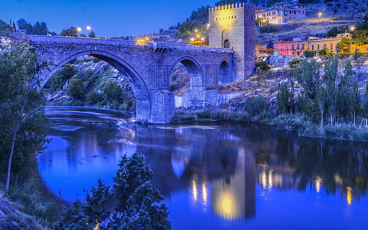 Toledo, Spain, river, bridge, evening, lights, hillside house, Toledo, Spain, River, Bridge, Evening, Lights, Hillside, House, HD wallpaper
