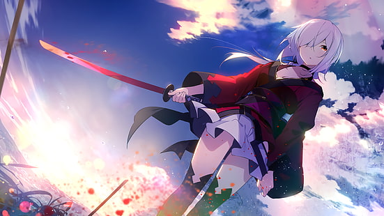 ilustrasi gadis berambut ungu, anime, gadis anime, awan, katana, kimono, rambut putih, mata merah, tertinggi paha, sinar matahari, darah, gadis dengan pedang, Wallpaper HD HD wallpaper