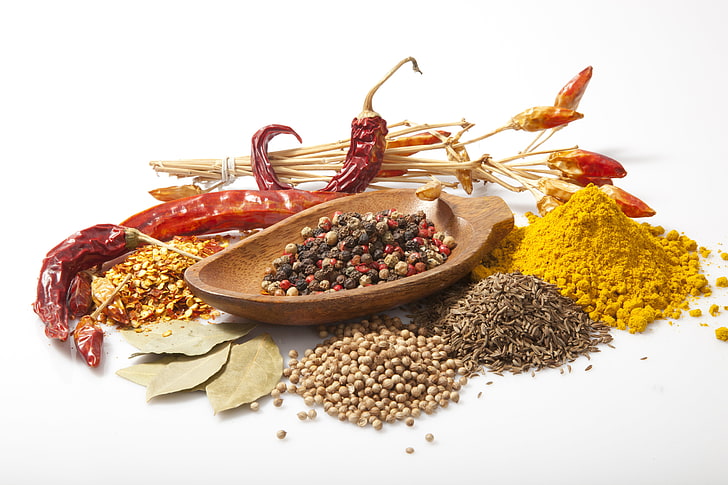 assorted spices, bowl, spices, Bay leaf, black pepper, red pepper, curry, HD wallpaper
