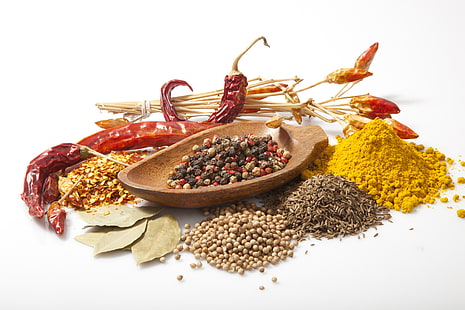 assorted spices, bowl, spices, Bay leaf, black pepper, red pepper, curry, HD wallpaper HD wallpaper