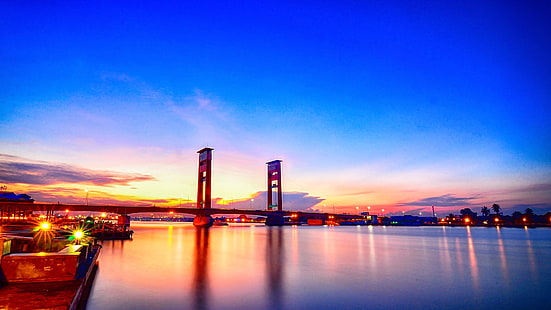 ampera bridge, indonesia, palembang, sumatra, bridge, asia, musi, river, city, sky, Tapety HD HD wallpaper