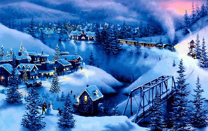 Pintura de pueblo navideño, Vacaciones, Navidad, Artístico, Nieve, Invierno, Fondo de pantalla HD