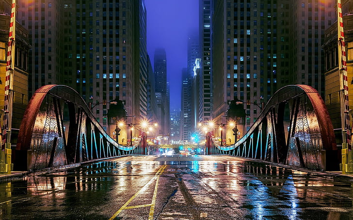 Chicago, Illinois, USA, Nacht, Stadt, Brücke, Straße, Wolkenkratzer, Chicago, Illinois, USA, Nacht, Stadt, Brücke, Straße, Wolkenkratzer, HD-Hintergrundbild