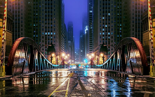 Чикаго, Илинойс, САЩ, нощ, град, мост, път, небостъргачи, Чикаго, Илинойс, САЩ, нощ, град, мост, път, небостъргачи, HD тапет HD wallpaper