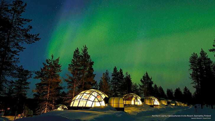 Zorza polarna, Kakslauttanen Arctic Resort, Saariselka, Finlandia, zima, Tapety HD