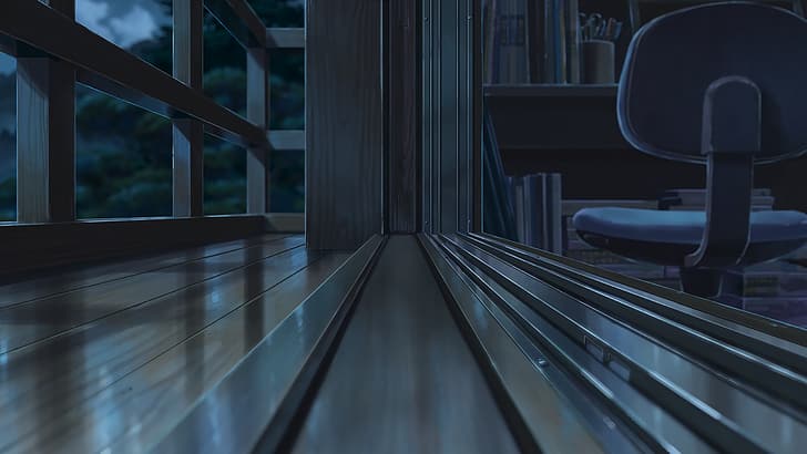 dunkler Hintergrund, Türen, Nacht, Strichzeichnungen, Schreibtisch, Balkon, Anime, Holz, Drehstuhl, Bücherregal, HD-Hintergrundbild