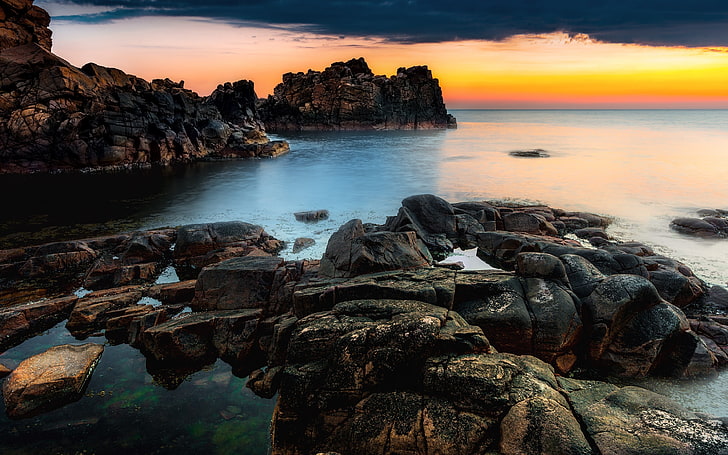 gray rocks, water, coast, sky, rock, sea, nature, HD wallpaper