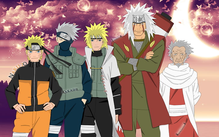 Anime, Naruto, Hiruzen Sarutobi, Jiraiya (Naruto), Kakashi Hatake, Minato Namikaze, Naruto Uzumaki, HD wallpaper