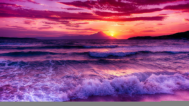 havsvågor på strandstranden, havet, himlen, solnedgången, HD tapet