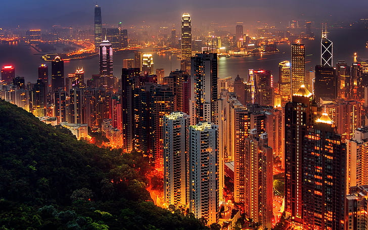 회색 고층 빌딩, 홍콩, HD 배경 화면