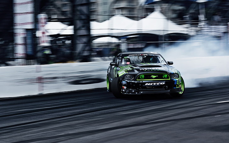 czarno-zielony Ford Mustang, Ford Mustang, Monster Energy, drift, Tapety HD