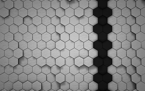 artwork, shadow, lines, black, white, simple, hexagon, honeycombs, HD wallpaper HD wallpaper