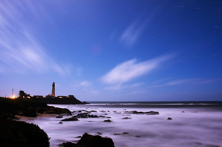 lighthouse in front body of water and corals, pigeon point, pigeon point, lighthouse, sea, coastline, tower, sky, nature, beacon, HD wallpaper