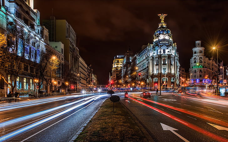 Мадрид, Испания, град, нощ, сгради, път, светлини, Мадрид, Испания, Град, Нощ, Сгради, Път, Светлини, HD тапет