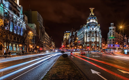 Мадрид, Испания, город, ночь, здания, дорога, огни, Мадрид, Испания, город, ночь, здания, дорога, огни, HD обои HD wallpaper