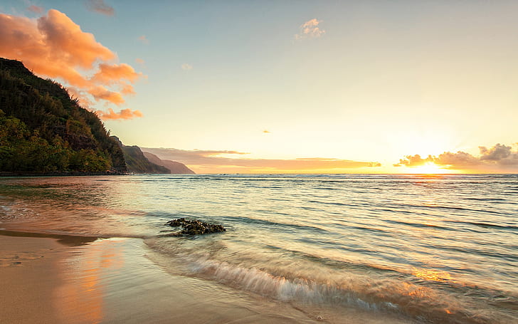 Matahari terbenam di pantai laut Hawaii, Hawaii, Samudra, Pantai, Matahari Terbenam, Wallpaper HD