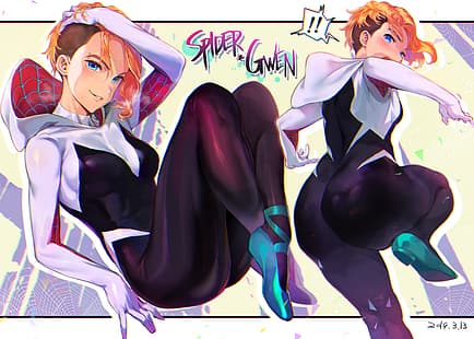 Spider Gwen, bionda, capelli corti, culo, occhi aqua, attillati, cappucci, vestiti attillati, Sfondo HD HD wallpaper