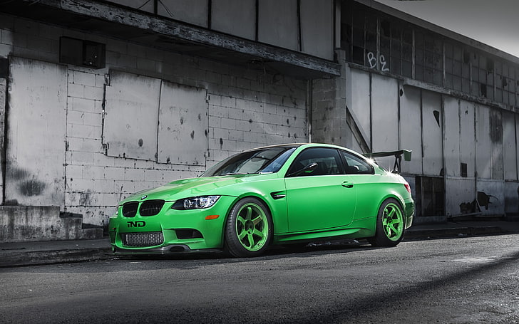 vert BMW coupé, voiture, vert, jantes, coloration sélective, Fond d'écran HD