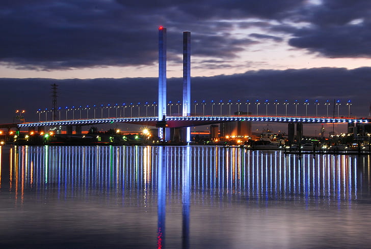 city building during night time, bolte bridge, bolte bridge, Bolte Bridge, Bridge  city, city building, night time, Winter, Melbourne, sunset, pylons, reflections, Victoria Harbour, night, river, bridge - Man Made Structure, water, reflection, architecture, HD wallpaper