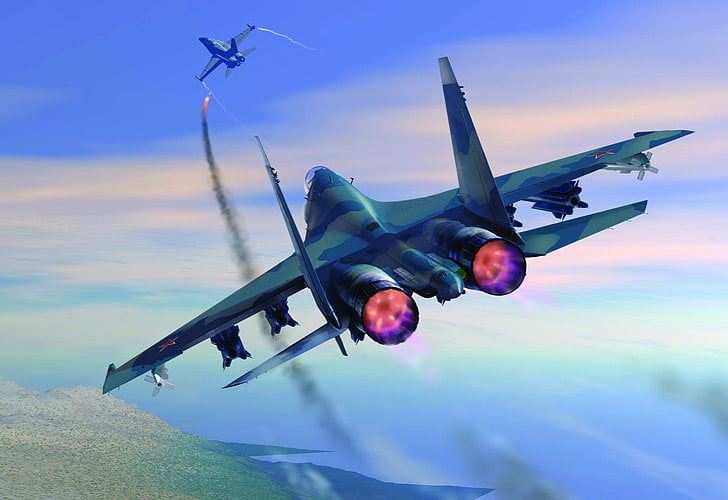 сив и черен боен самолет, Су-27, Ф-18, чука, HD тапет