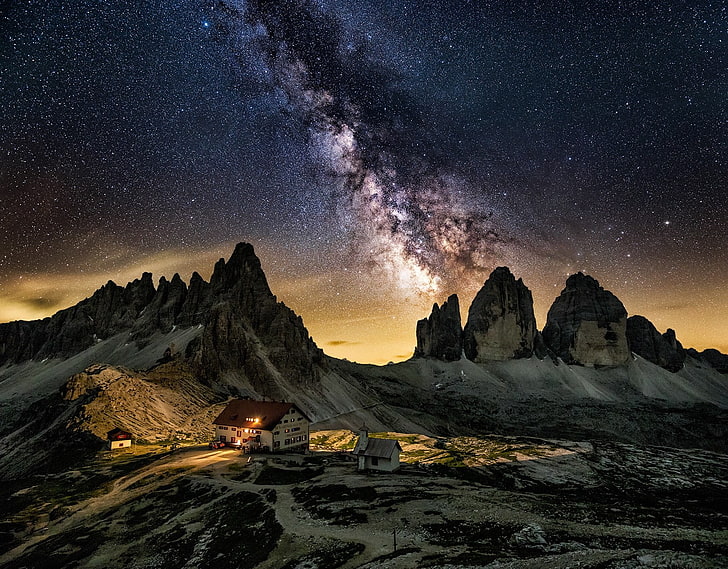 milkyway, nature, landscape, Milky Way, galaxy, mountains, starry night, cabin, summer, Dolomites (mountains), Italy, long exposure, HD wallpaper