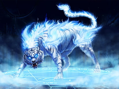 ilustração de tigre branco, tigre, fogo, raiva, olhos, HD papel de parede HD wallpaper