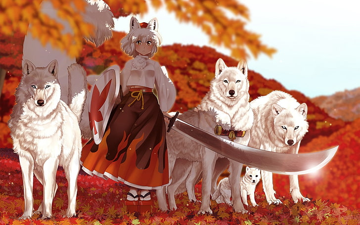 мечи женщина с волком цифровые обои, аниме, девушка, кимоно, меч, волк, осень, HD обои