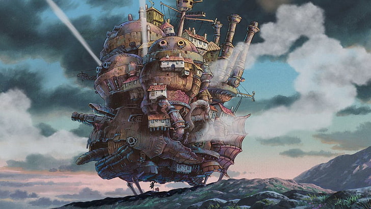коричневая иллюстрация летающего корабля, студия Ghibli, Howl's Moving Castle, аниме, HD обои