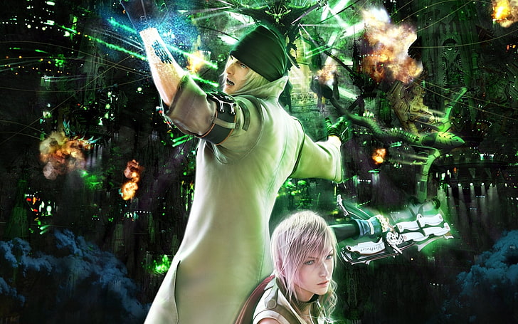 digitale Tapete mit zwei männlichen Charakteren, Final Fantasy, Final Fantasy XIII, Blitz (Final Fantasy), Schneedörfer, HD-Hintergrundbild