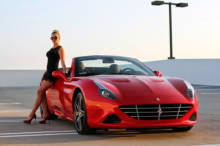 merah Ferrari California convertible coupe, gadis, Ferrari, supercar, CA, California, Wallpaper HD