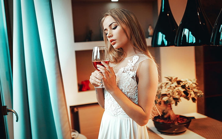 women, wine, Maria Puchnina, HD wallpaper