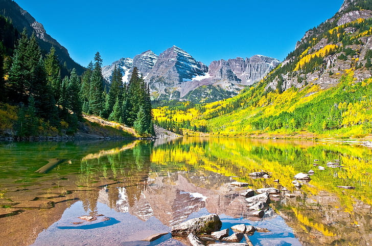 трепетлика, есен, камбани, Колорадо, гора, езеро, кестеняво, планини, отражение, небе, HD тапет