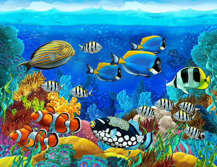 school of fish illustration, sea, fish, corals, the bottom of the sea, HD wallpaper
