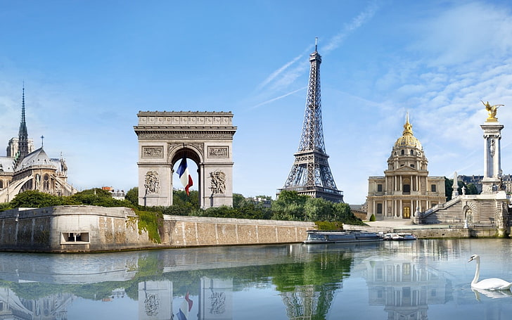 Eiffel Tower illustration, bridge, swan river, creativity, eiffel tower, arc de triomphe, reflection, HD wallpaper