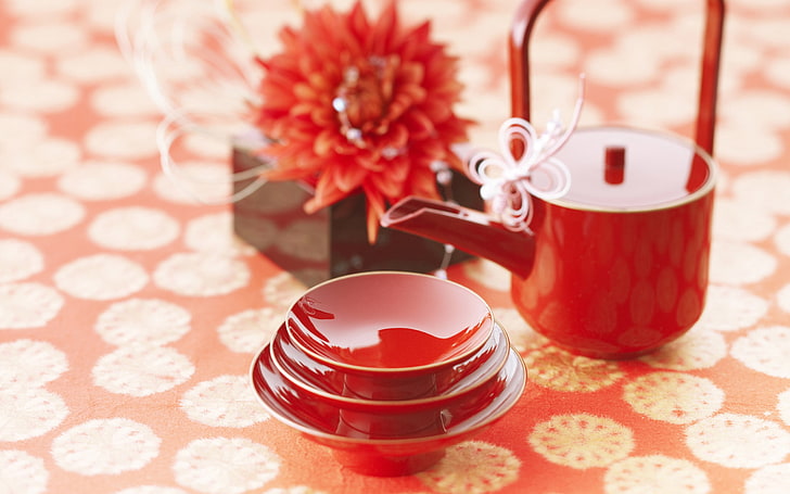 bouilloire et bols rouges, ambiance, cérémonie du thé, thé, café, tasses, chine, japon, rouge, fleurs, Fond d'écran HD